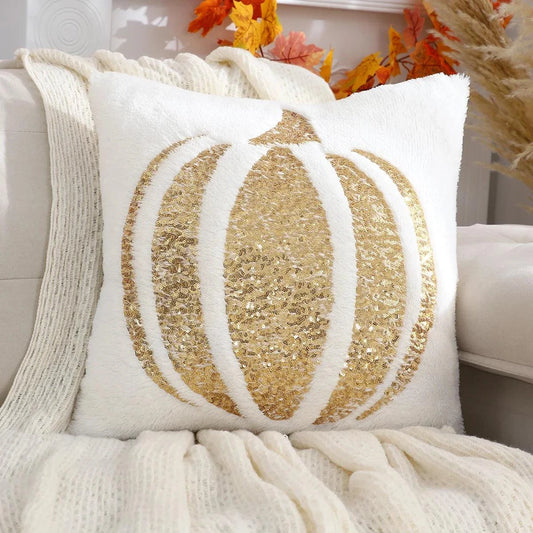 Pumpkin Plush Throw Pillow Cover 18×18 Inch with Sequin Embroidery - Trendy Pillow Cover