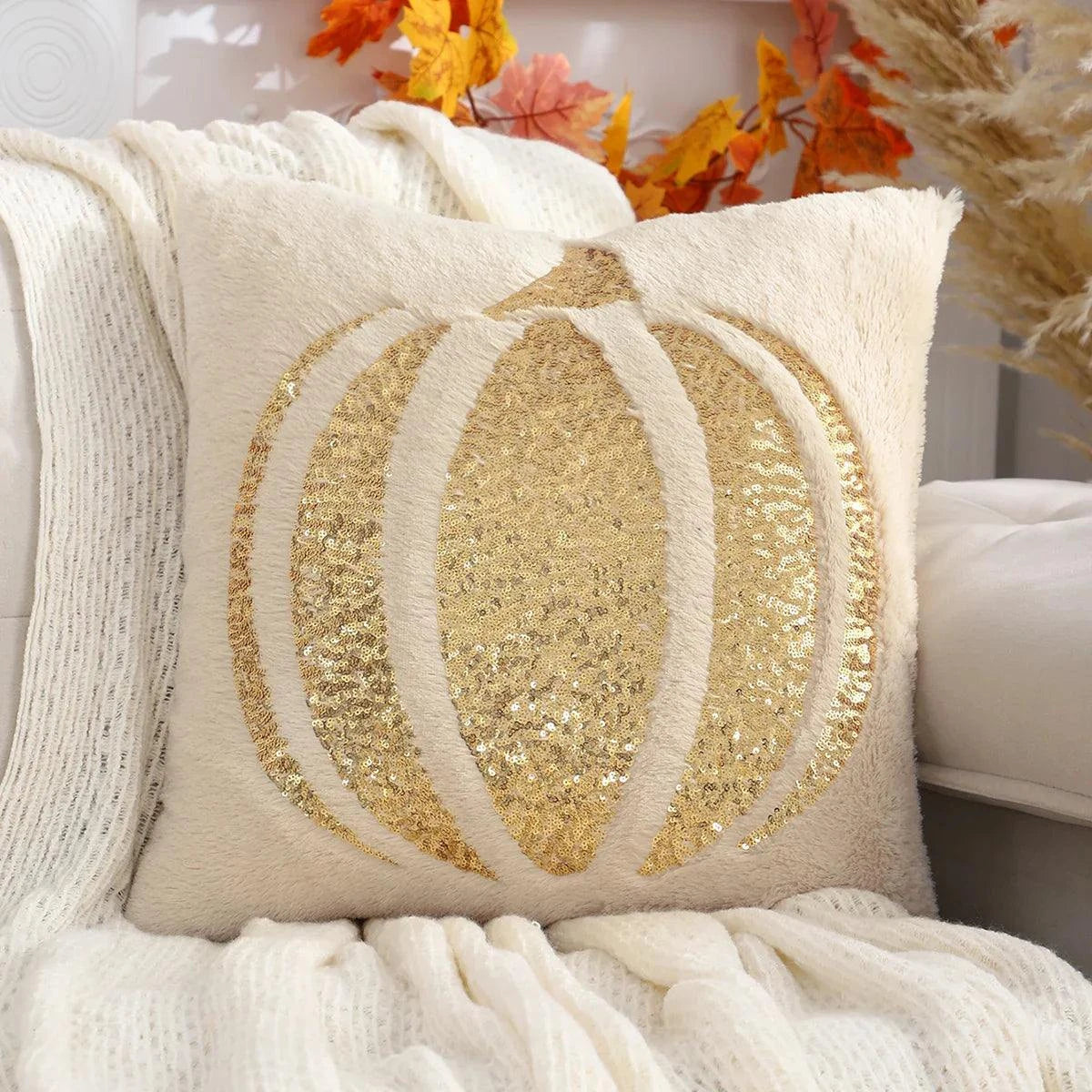 Pumpkin Plush Throw Pillow Cover 18×18 Inch with Sequin Embroidery - Trendy Pillow Cover